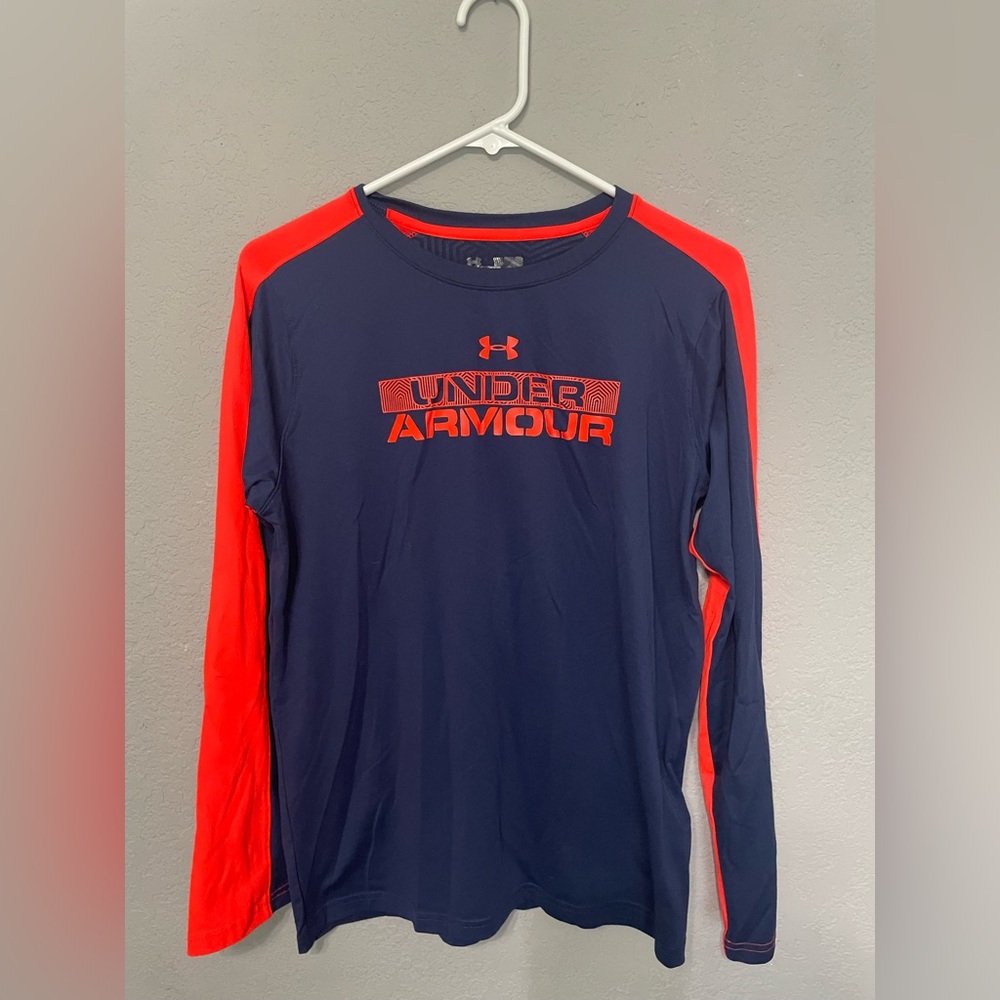 Navy/neon orange, YXL Under Armour long sleeved shirt